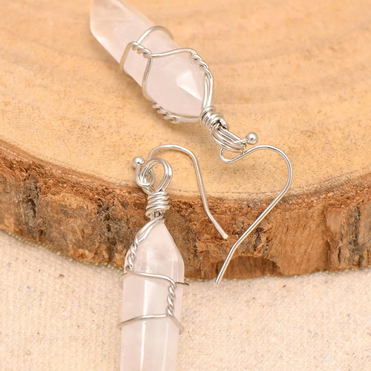 Joseph Brothers Natural White Quartz Wire Wrapped Point Crystal Earrings for Women Reiki Energy Healing