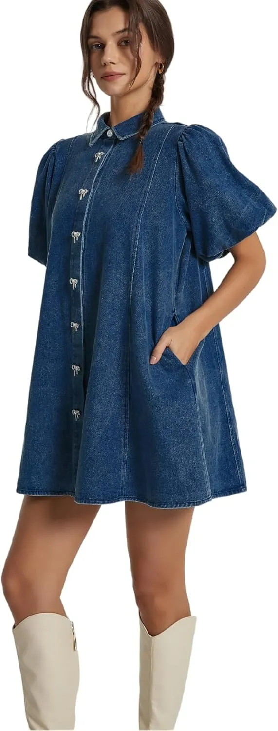 LifeShe Women's Blue Denim Babydoll Mini Dress with Puff Sleeves, Lapel Collar & Diamond Bow Decor - XS/S