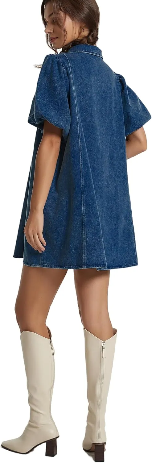 LifeShe Women's Blue Denim Babydoll Mini Dress with Puff Sleeves, Lapel Collar & Diamond Bow Decor - XS/S