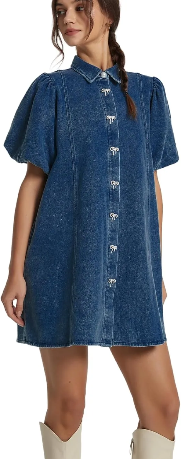 LifeShe Women's Blue Denim Babydoll Mini Dress with Puff Sleeves, Lapel Collar & Diamond Bow Decor - XS/S