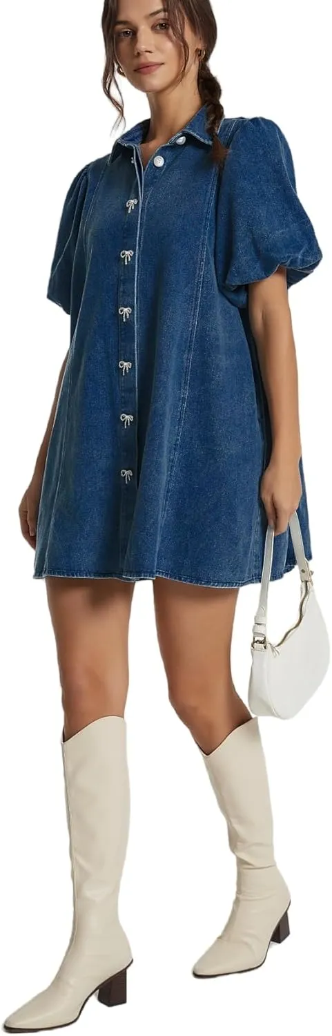 LifeShe Women's Blue Denim Babydoll Mini Dress with Puff Sleeves, Lapel Collar & Diamond Bow Decor - XS/S