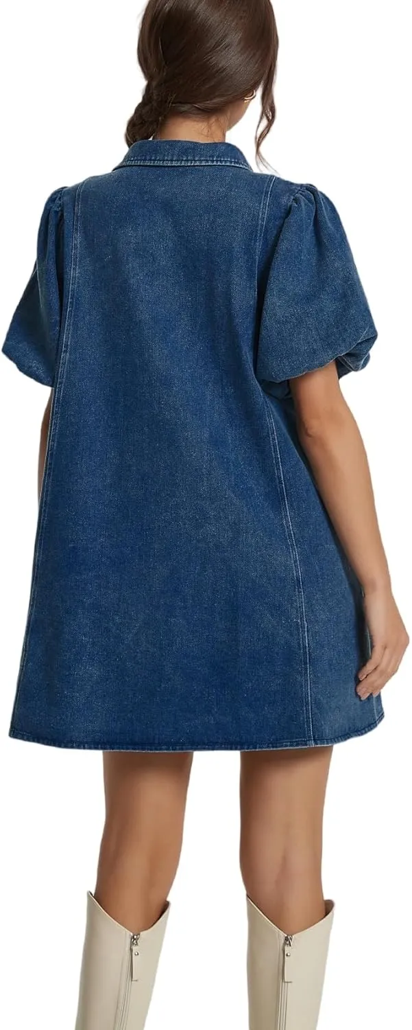 LifeShe Women's Blue Denim Babydoll Mini Dress with Puff Sleeves, Lapel Collar & Diamond Bow Decor - XS/S