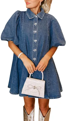 LifeShe Women's Blue Denim Babydoll Mini Dress with Puff Sleeves, Lapel Collar & Diamond Bow Decor - XS/S