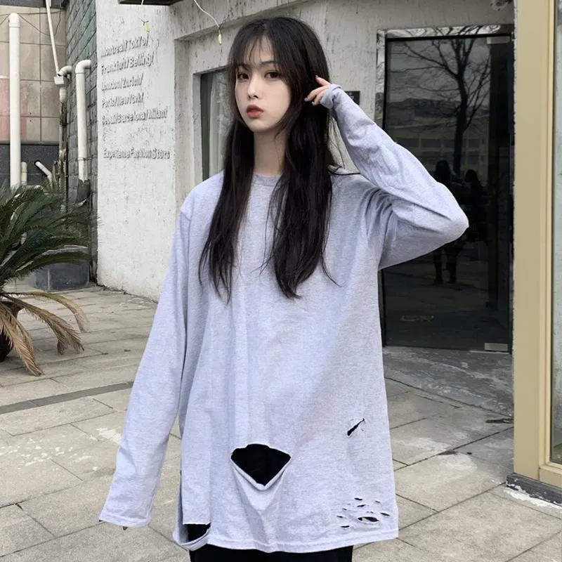 Loose Ripped Hole Long Sleeve T-Shirt