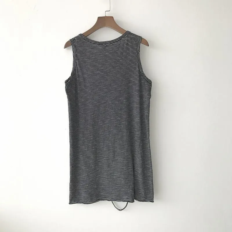 Loose Striped Sleeveless Ripped Thin Shirt