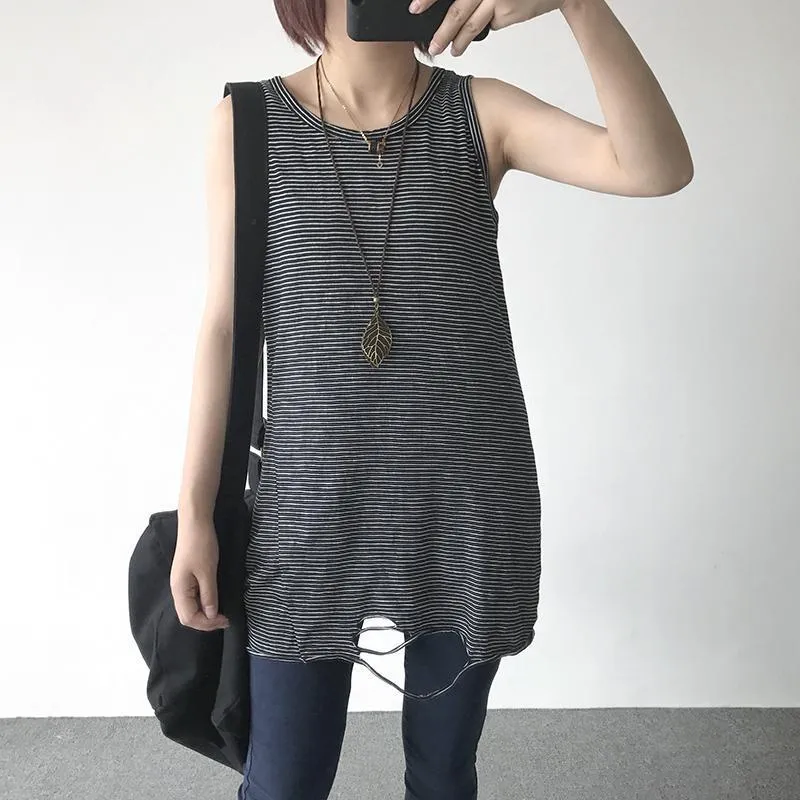 Loose Striped Sleeveless Ripped Thin Shirt