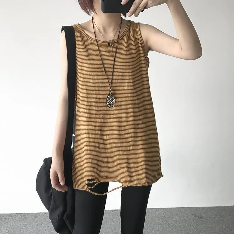 Loose Striped Sleeveless Ripped Thin Shirt
