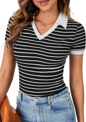 LYANER Women's Short Sleeve V Neck T Shirts Ribbed Knit Slim Fit Tee Top Stripes Collar Polo Shirt