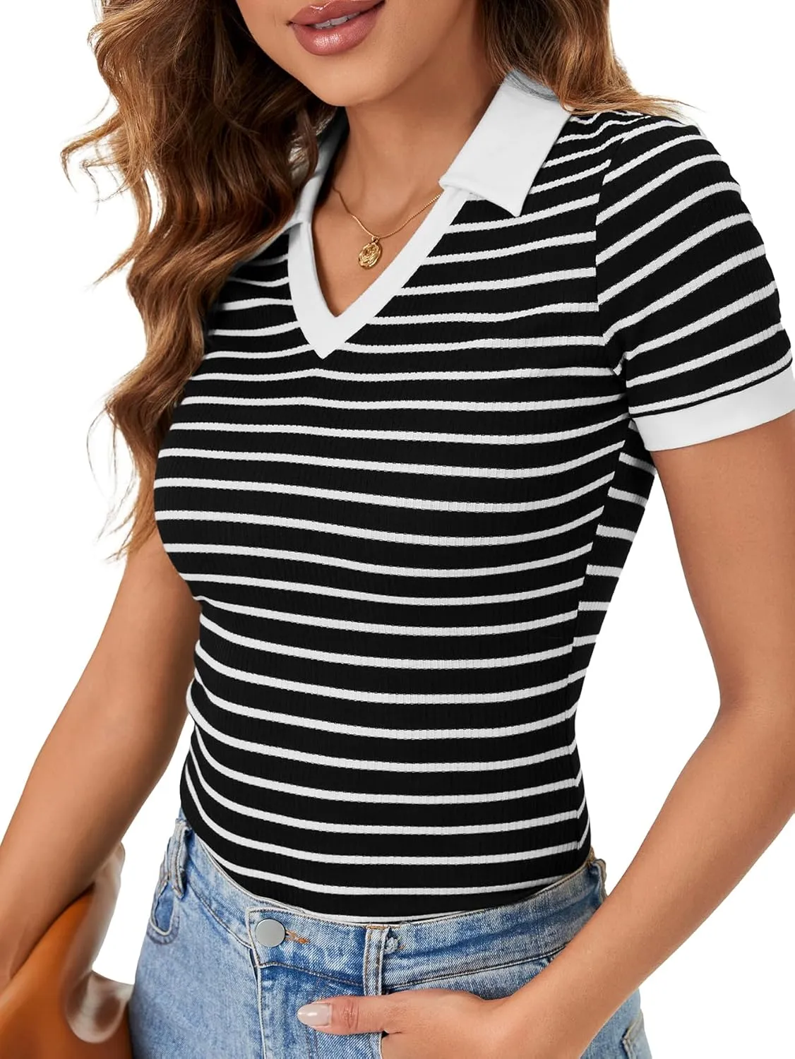 LYANER Women's Short Sleeve V Neck T Shirts Ribbed Knit Slim Fit Tee Top Stripes Collar Polo Shirt