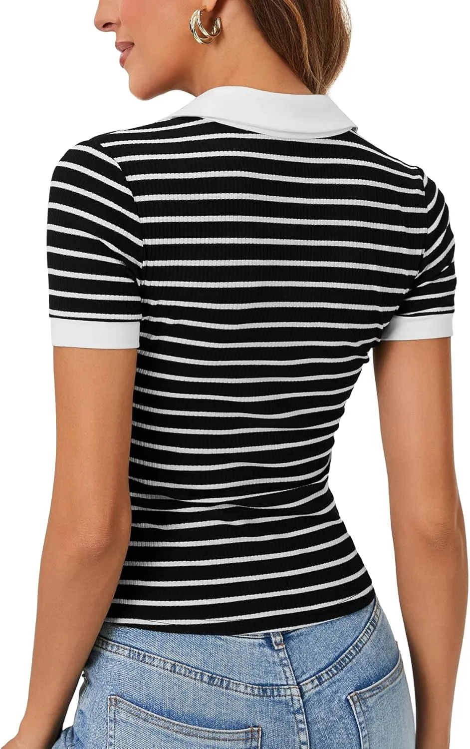 LYANER Women's Short Sleeve V Neck T Shirts Ribbed Knit Slim Fit Tee Top Stripes Collar Polo Shirt