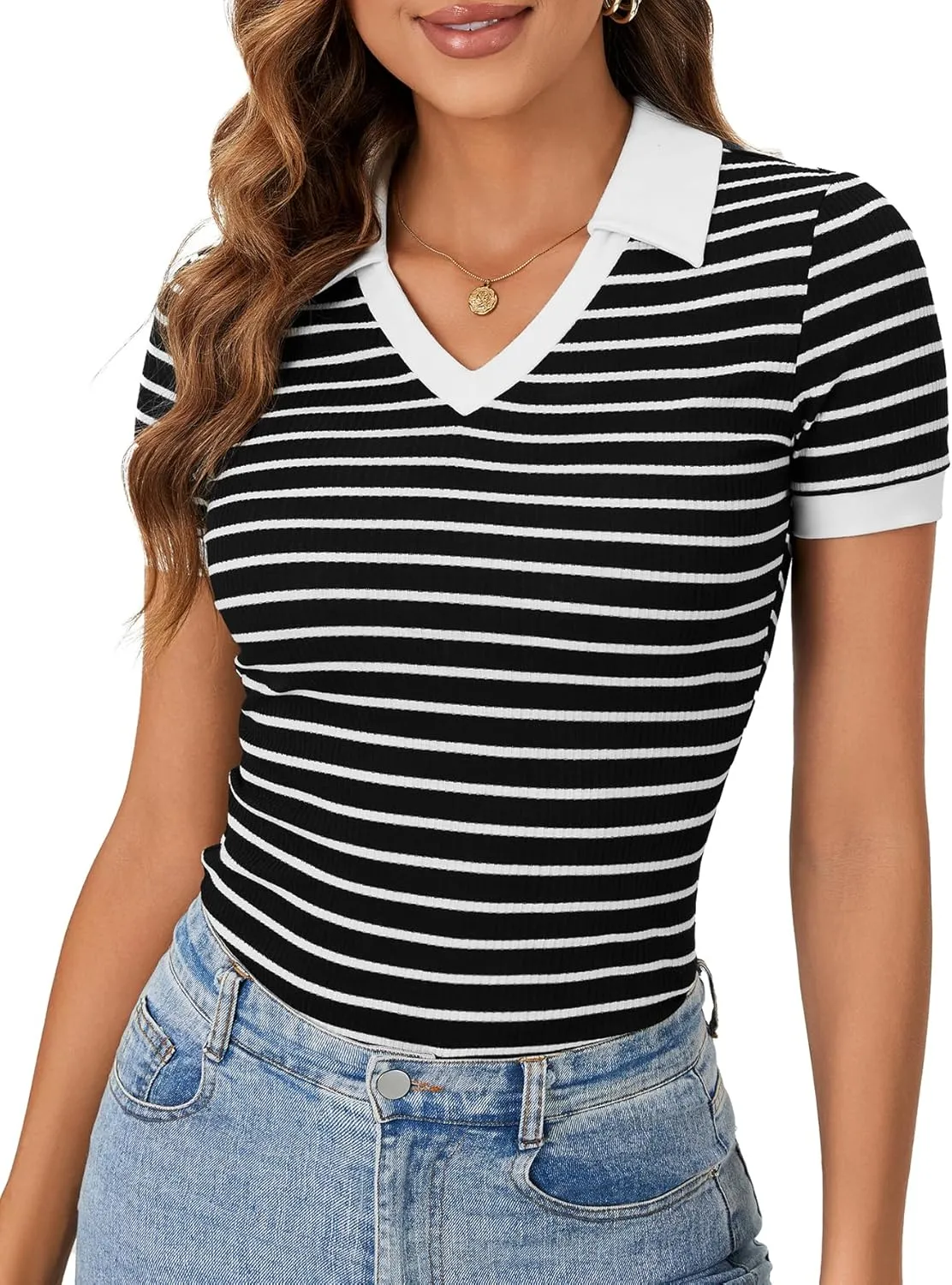 LYANER Women's Short Sleeve V Neck T Shirts Ribbed Knit Slim Fit Tee Top Stripes Collar Polo Shirt