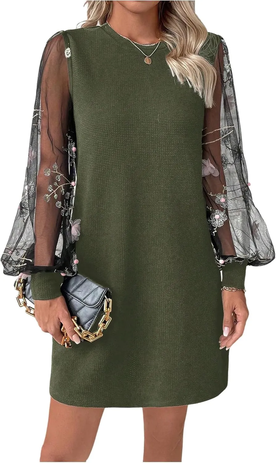 MakeMeChic Women's Summer Long Sleeve Floral Sheer Dress Wedding Guest Mesh Crew Neck Lace Black Mini Dresses