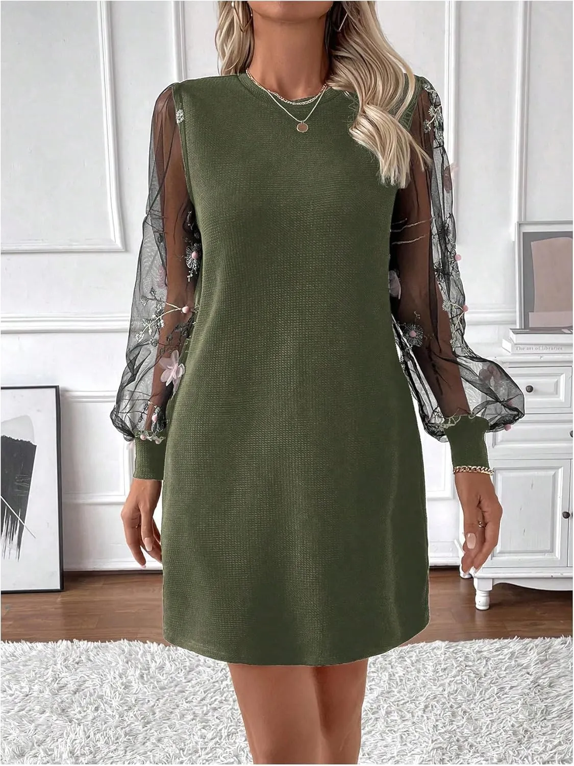 MakeMeChic Women's Summer Long Sleeve Floral Sheer Dress Wedding Guest Mesh Crew Neck Lace Black Mini Dresses