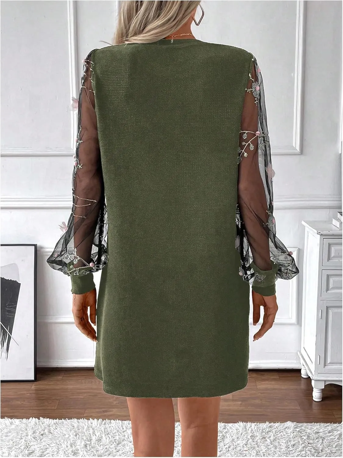 MakeMeChic Women's Summer Long Sleeve Floral Sheer Dress Wedding Guest Mesh Crew Neck Lace Black Mini Dresses