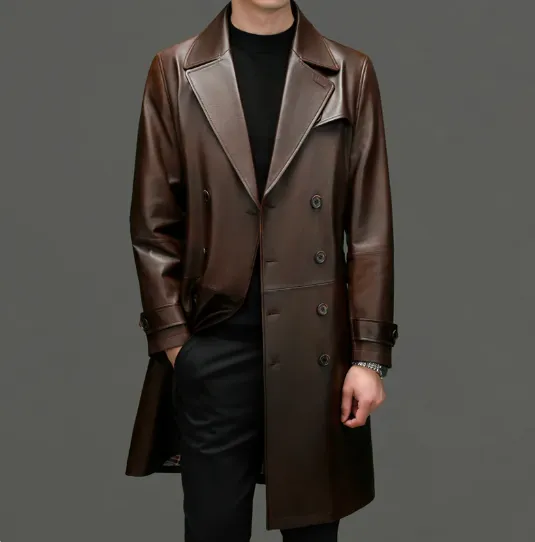 Men's Business Leather Trench: Classic Style in Solid Colors
