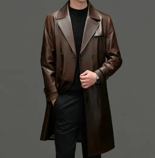 Men's Business Leather Trench: Classic Style in Solid Colors
