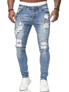 Men's Jeans Distressed Frayed Zip Fly Side Pocket Low Waist Long Skinny Jeans