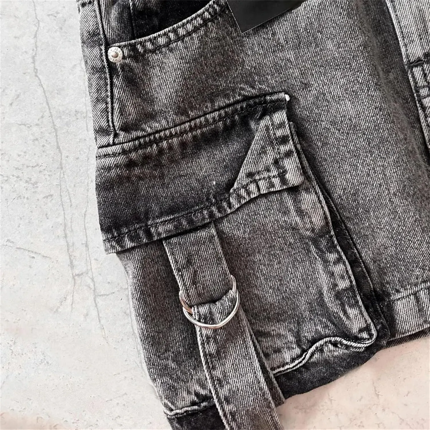 Men's Plus Size High Waist Distressed Denim Skirt with Strap Big Cargo Pockets Black Summer A-Line Mini Skirt for Club