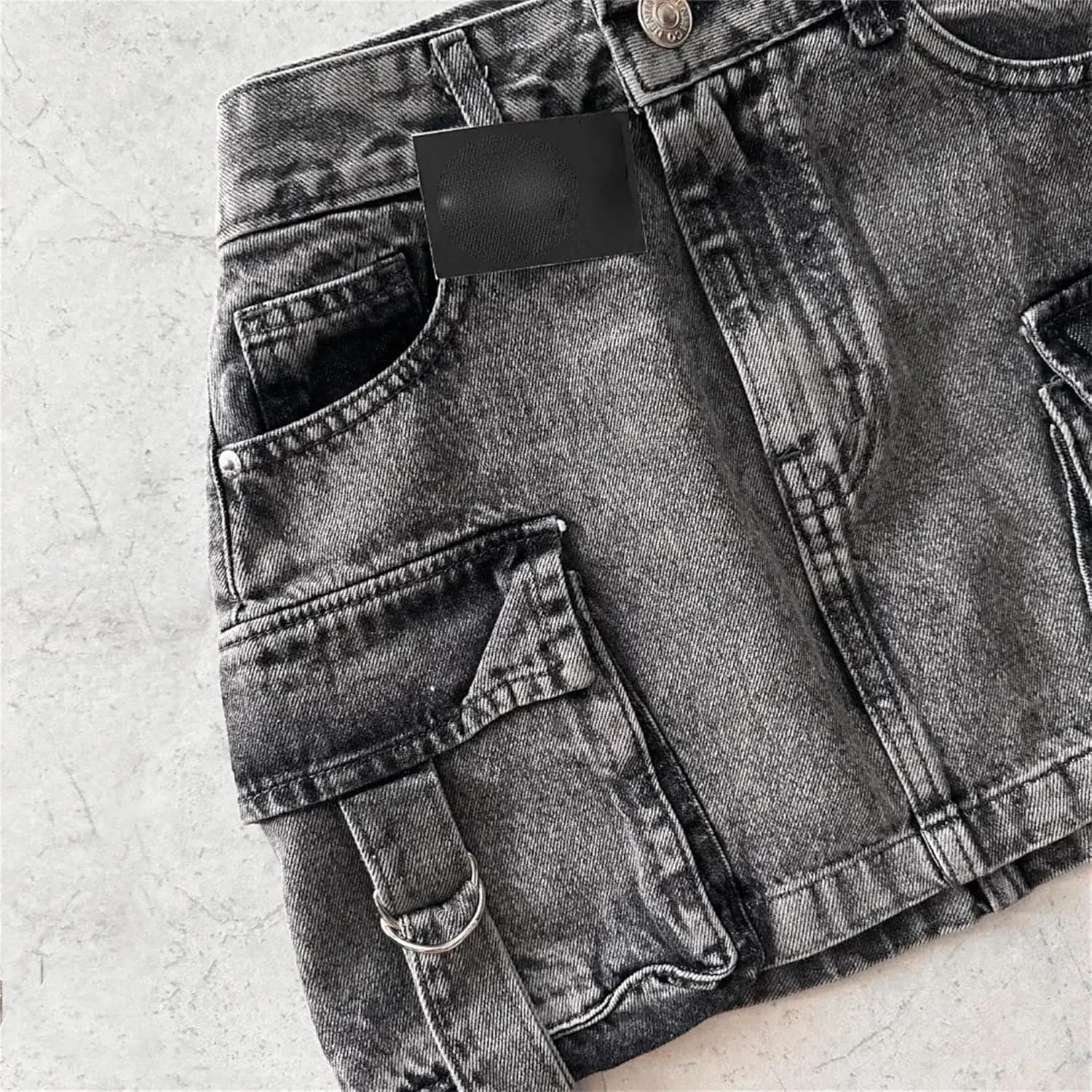 Men's Plus Size High Waist Distressed Denim Skirt with Strap Big Cargo Pockets Black Summer A-Line Mini Skirt for Club