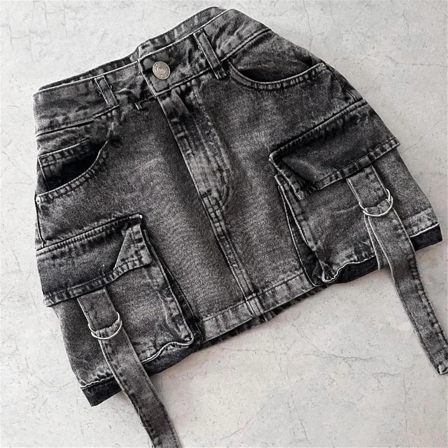 Men's Plus Size High Waist Distressed Denim Skirt with Strap Big Cargo Pockets Black Summer A-Line Mini Skirt for Club