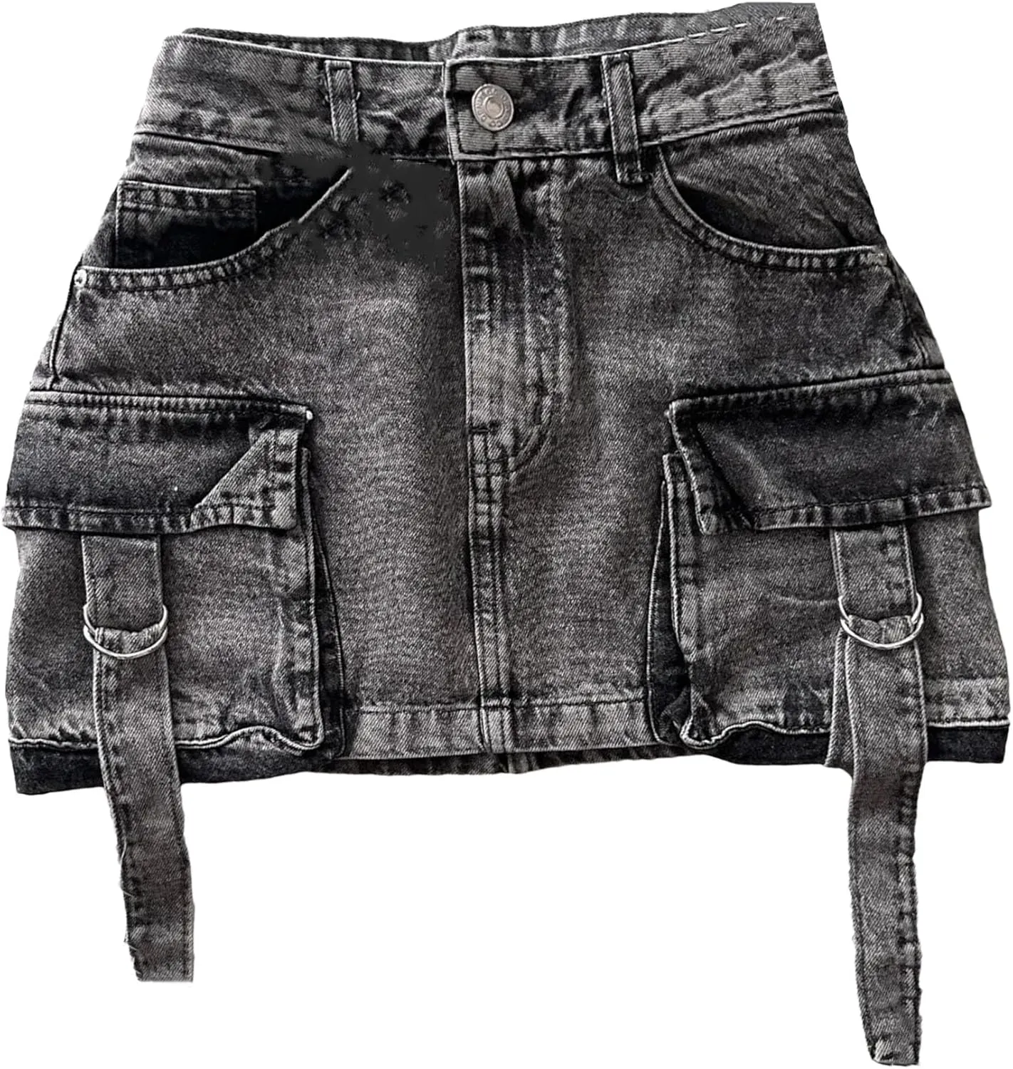 Men's Plus Size High Waist Distressed Denim Skirt with Strap Big Cargo Pockets Black Summer A-Line Mini Skirt for Club