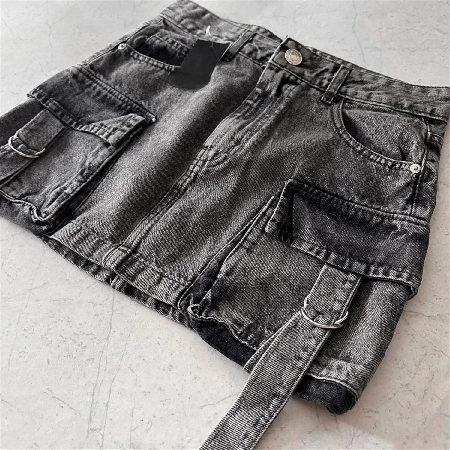 Men's Plus Size High Waist Distressed Denim Skirt with Strap Big Cargo Pockets Black Summer A-Line Mini Skirt for Club