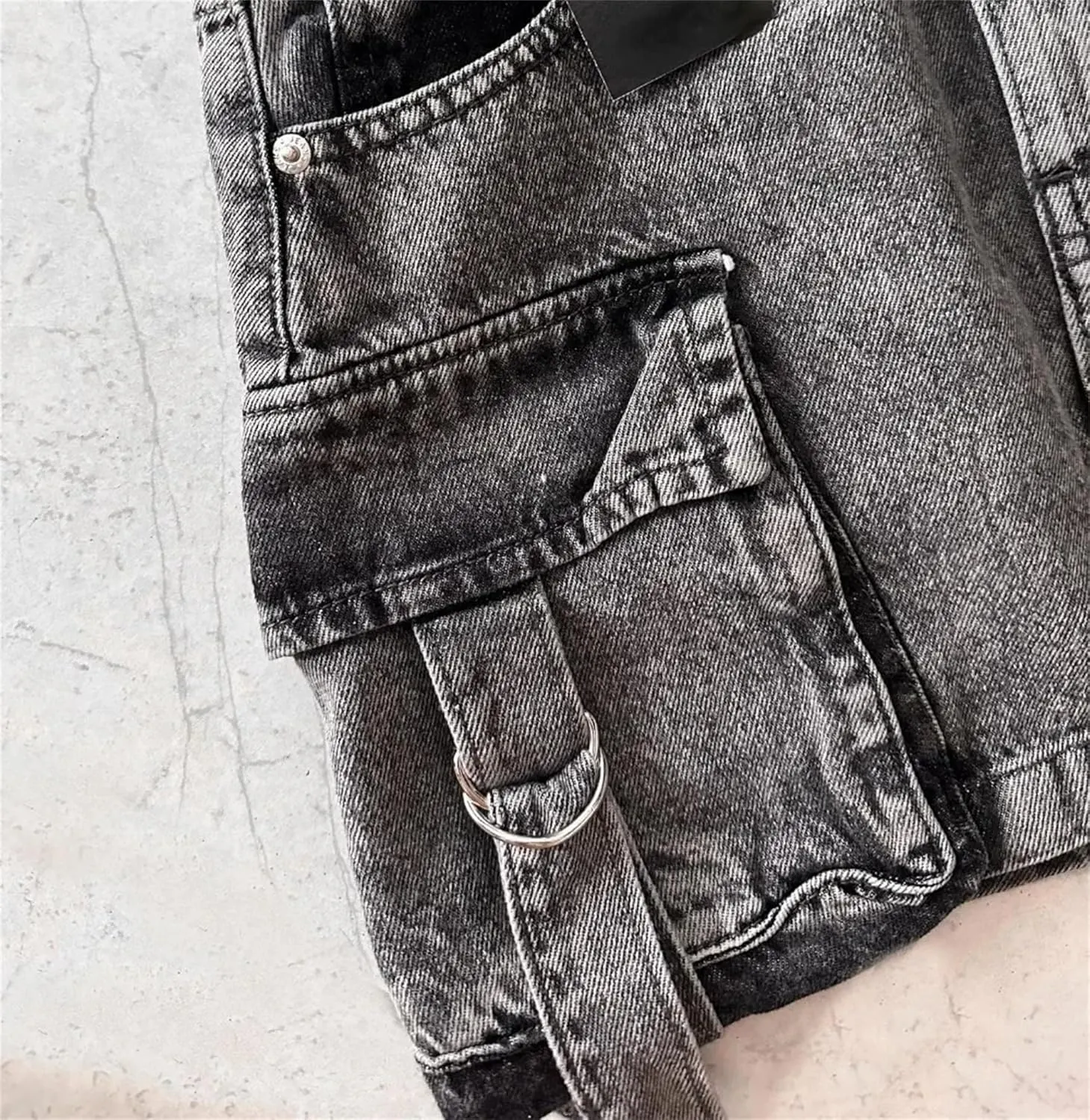 Men's Plus Size High Waist Distressed Denim Skirt with Strap Big Cargo Pockets Black Summer A-Line Mini Skirt for Club