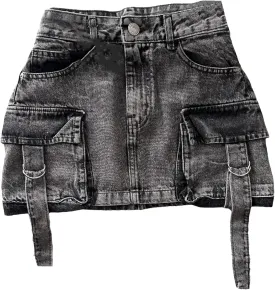 Men's Plus Size High Waist Distressed Denim Skirt with Strap Big Cargo Pockets Black Summer A-Line Mini Skirt for Club