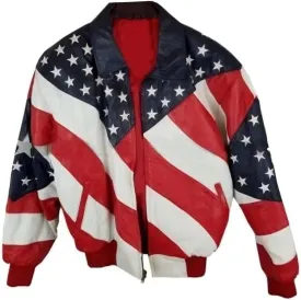 Michael Hoban WhereMI USA Independence Day American Flag Genuine Leather Motorcycle Bomber Jacket