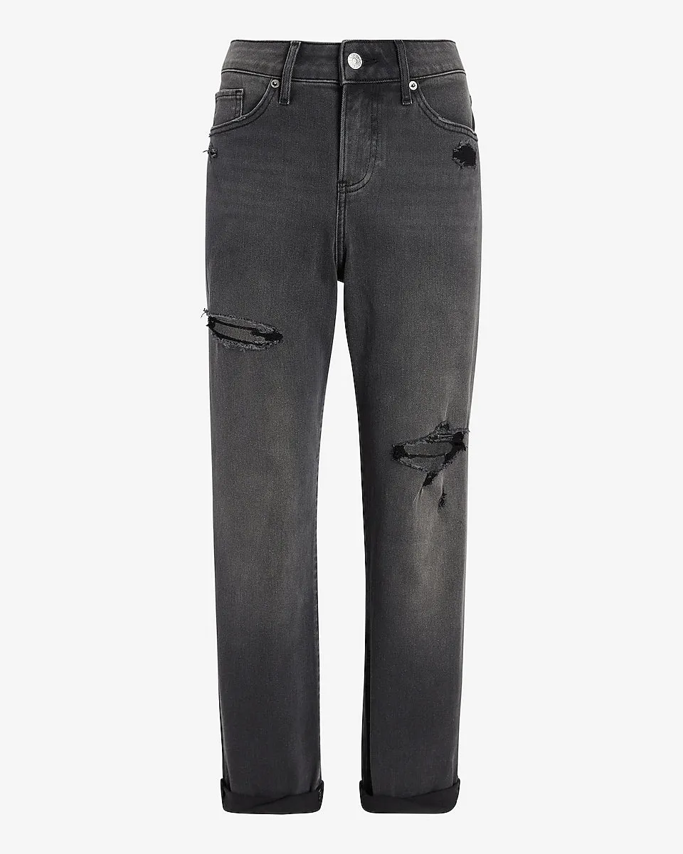 Mid Rise Ripped Roll Hem Boyfriend Jeans in Gray