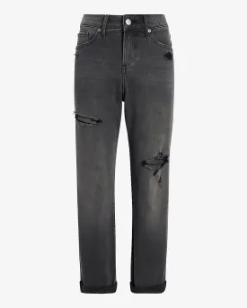 Mid Rise Ripped Roll Hem Boyfriend Jeans in Gray