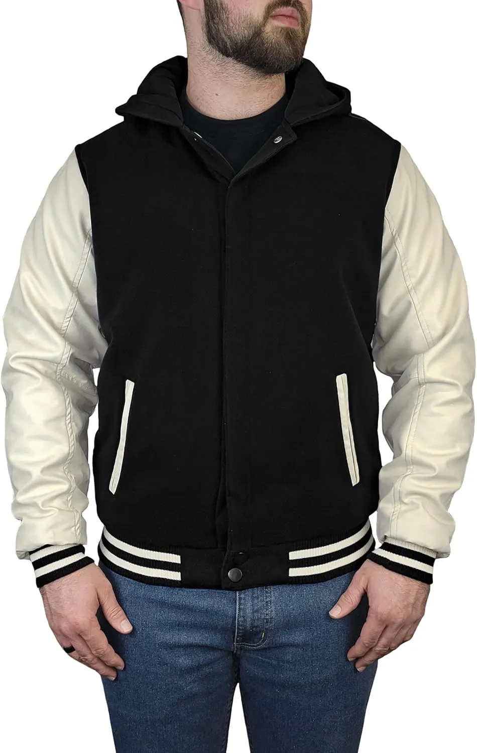 Outfitters Men's Varsity Hooded Reversible Fleece Jacket with Faux Leather Sleeve