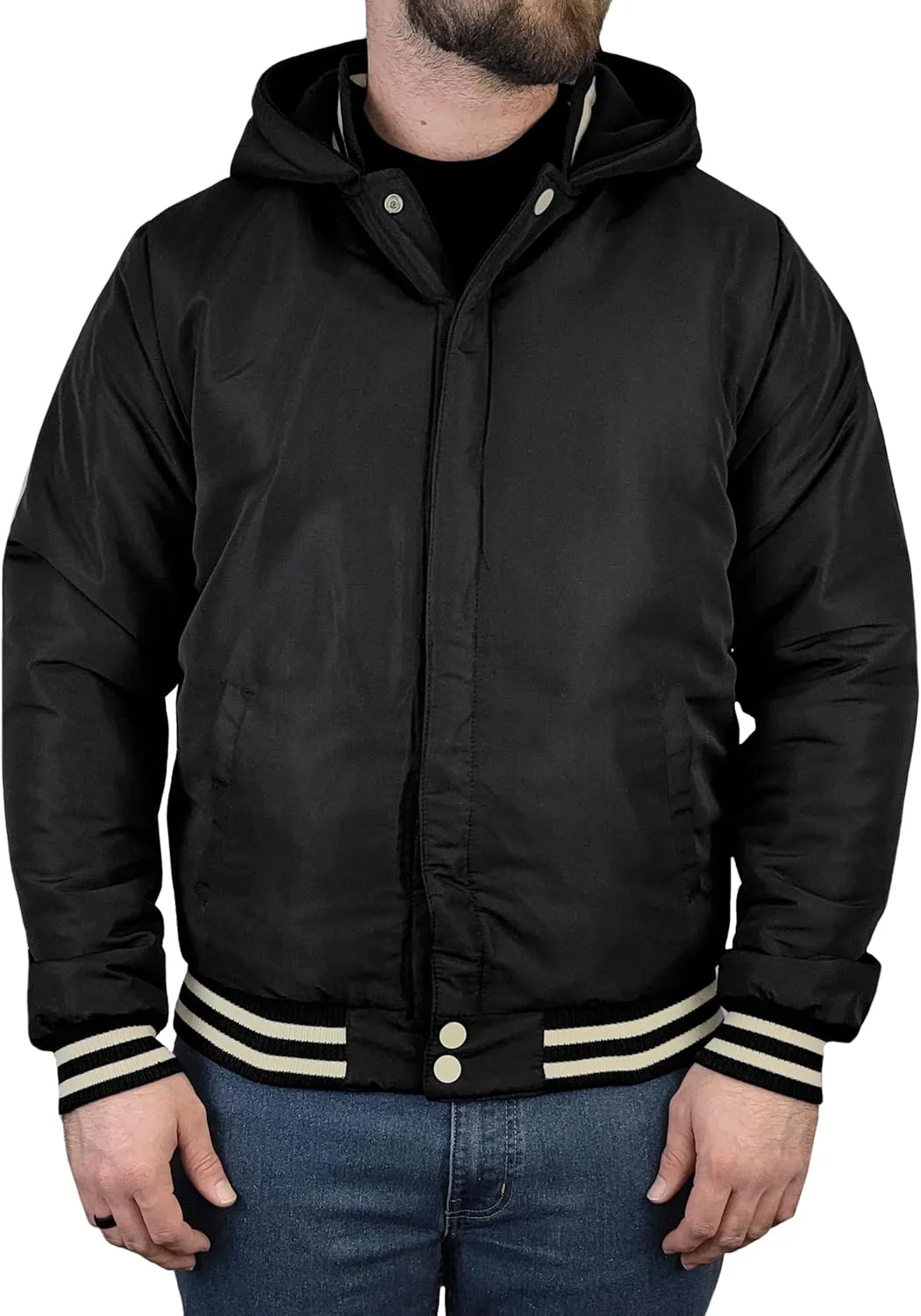 Outfitters Men's Varsity Hooded Reversible Fleece Jacket with Faux Leather Sleeve