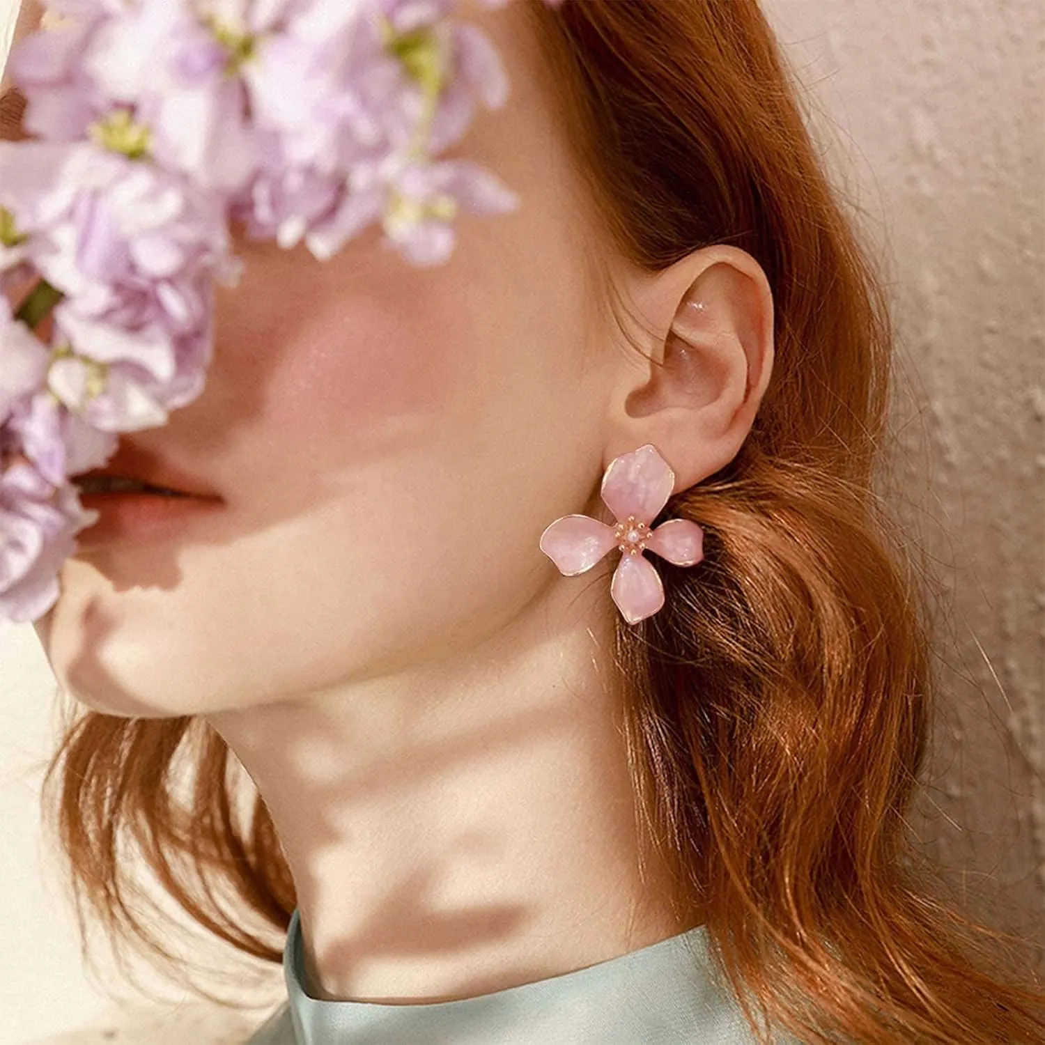 Pink Flower Earrings for Women White Floral Earring Big Statement Earrings for Women Large Purple Irregular Petal Earring Fancy Romantic Flower Stud Earrings Trendy Jewelry