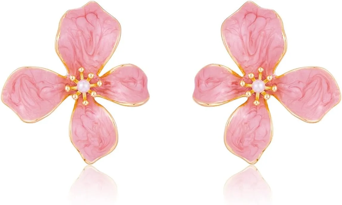 Pink Flower Earrings for Women White Floral Earring Big Statement Earrings for Women Large Purple Irregular Petal Earring Fancy Romantic Flower Stud Earrings Trendy Jewelry