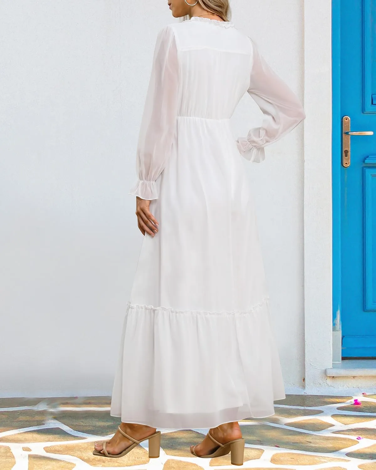 Pinup Fashion Fall Long Sleeve Maxi Dress - Casual Boho Chiffon Deep V Neck Long Flowy Dresses