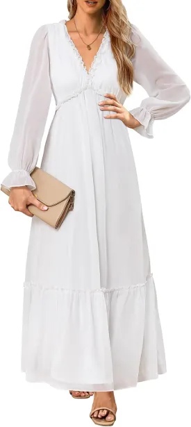 Pinup Fashion Fall Long Sleeve Maxi Dress - Casual Boho Chiffon Deep V Neck Long Flowy Dresses