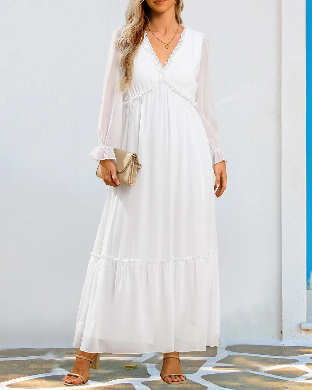 Pinup Fashion Fall Long Sleeve Maxi Dress - Casual Boho Chiffon Deep V Neck Long Flowy Dresses