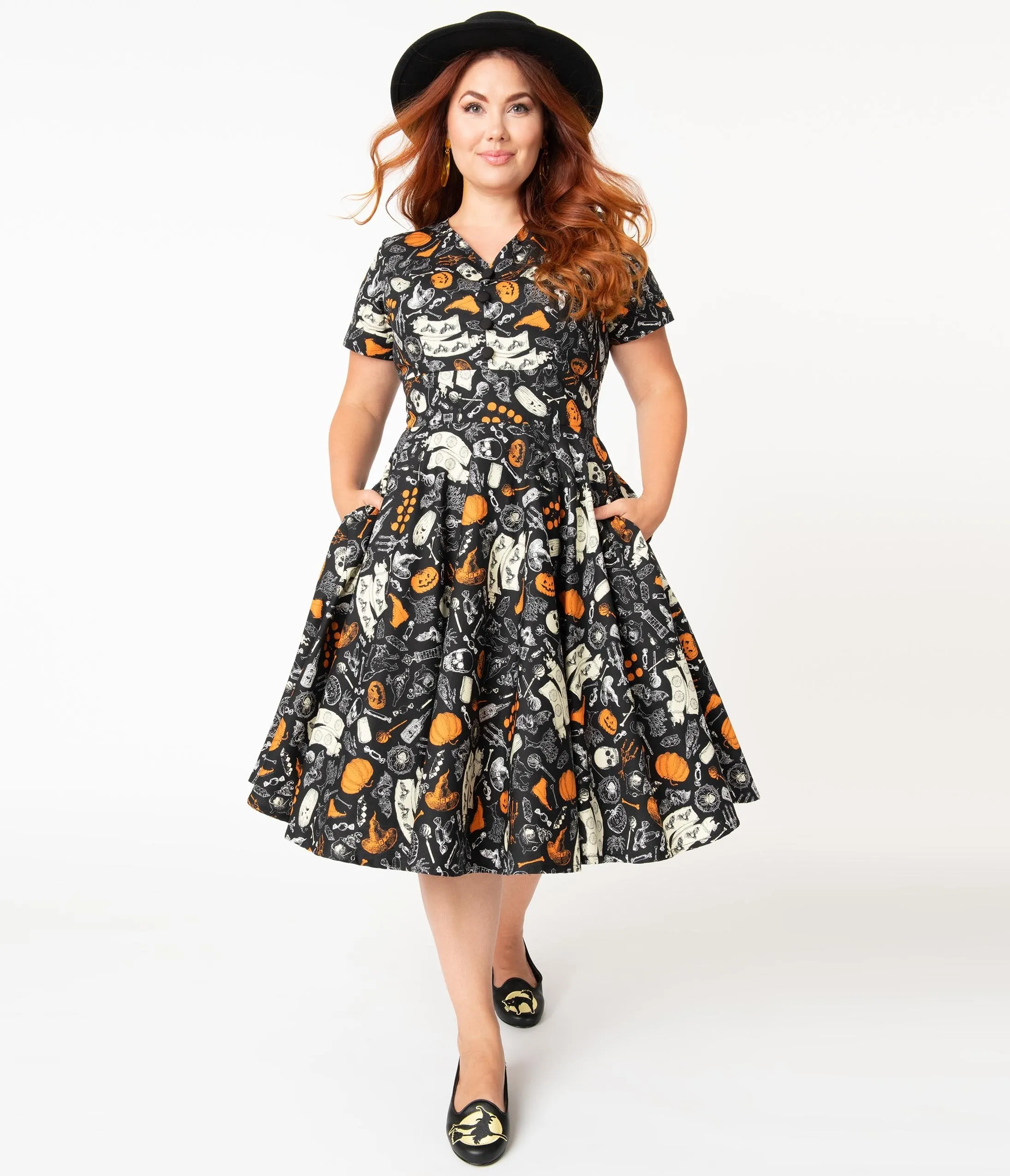 Plus Size Retro Black Halloween Print Evita Swing Dress