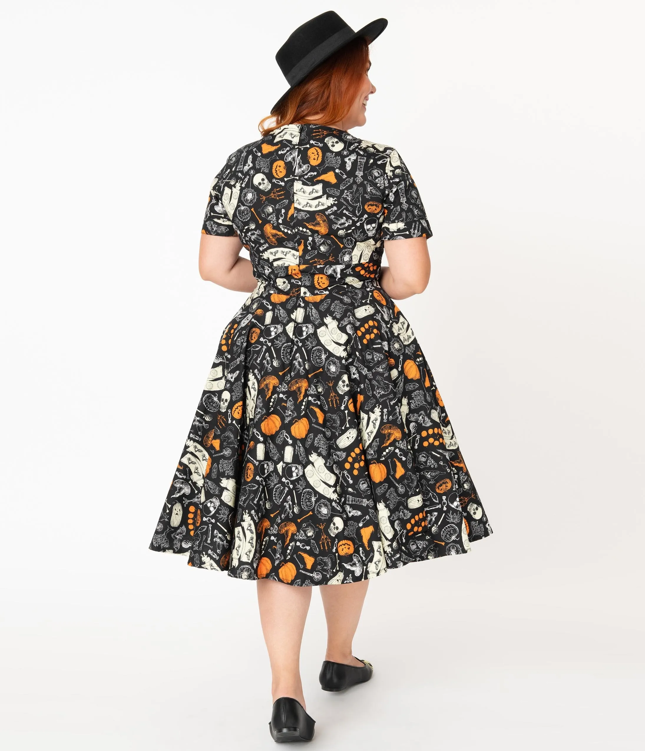 Plus Size Retro Black Halloween Print Evita Swing Dress