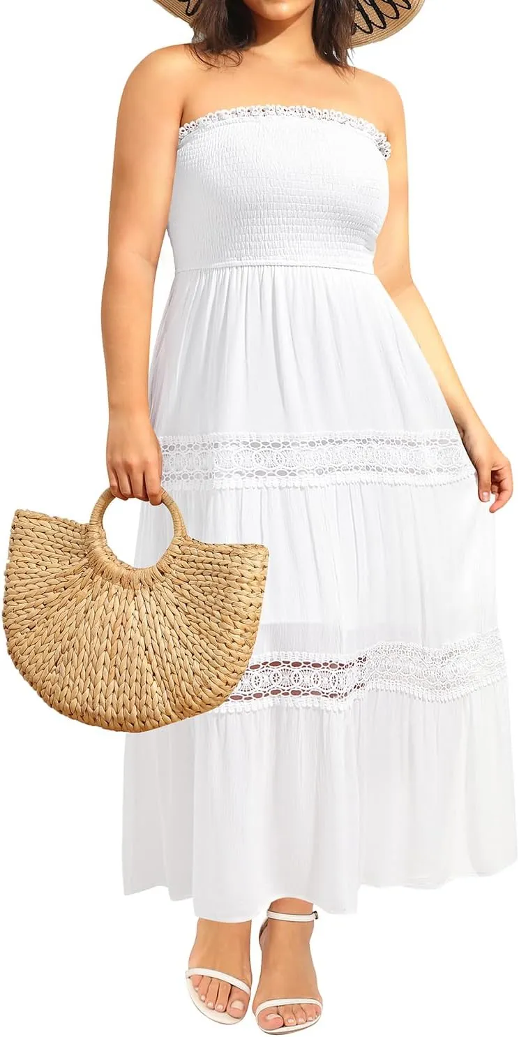 Plus Size Summer Dress- Beach Tube Casual Boho Strapless Flowy Long Sun Maxi Dresses