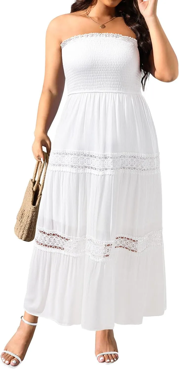 Plus Size Summer Dress- Beach Tube Casual Boho Strapless Flowy Long Sun Maxi Dresses