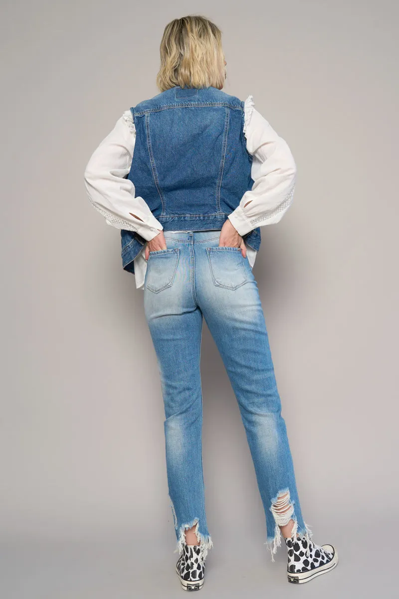 Pure Blue Crew Ripped Girlfriend Jeans Without Belt