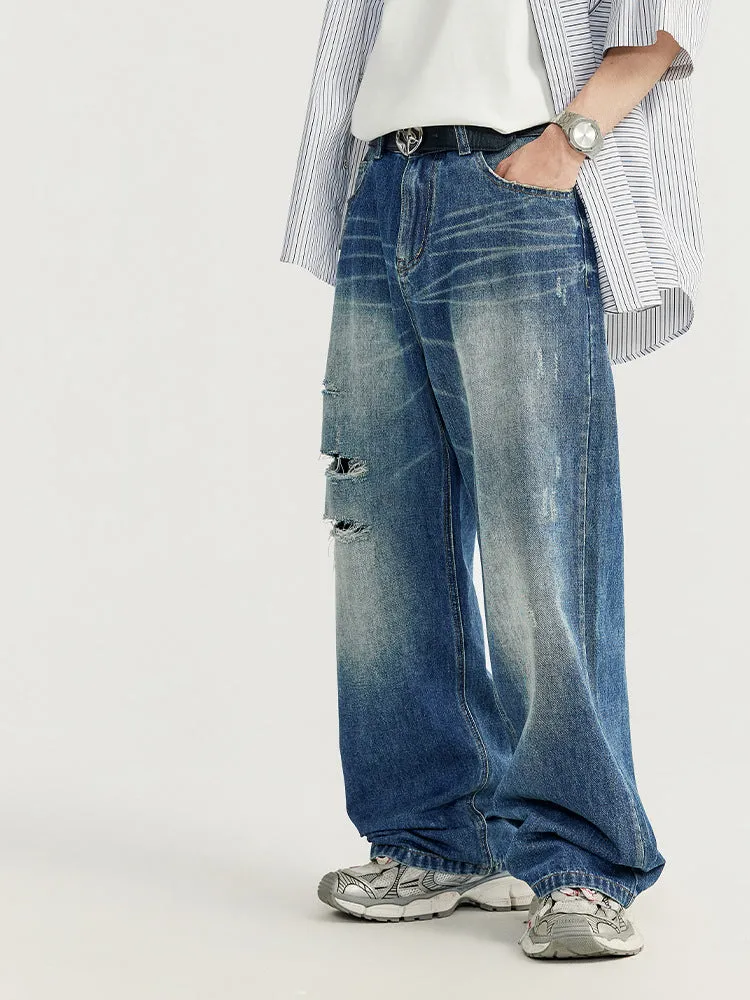 Retro Solid Color Ripped Jeans