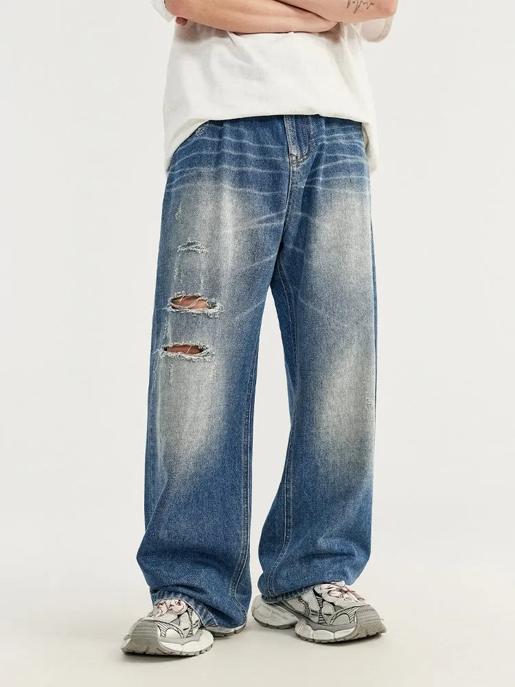 Retro Solid Color Ripped Jeans
