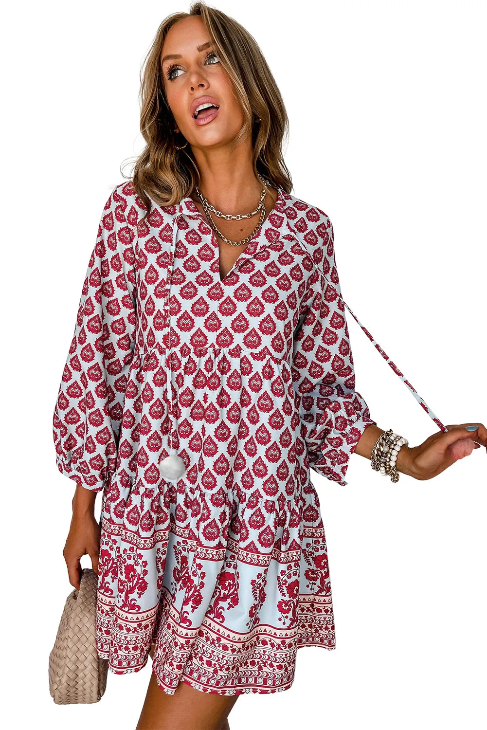 Rose Red Boho Tassel Tie Split Neck Puff Sleeve Mini Dress