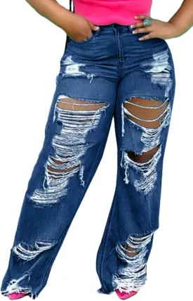 SHINFY Women's Ripped Jeans Distressed Cutout High Waisted Baggy Straight Wide Leg Y2K Denim Pants