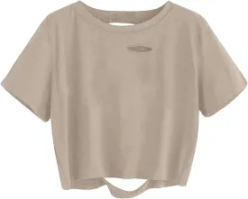 SOFIA'S CHOICE Women's Summer Casual Short Sleeve Tops Distressed Ripped Crop Top T Shirt