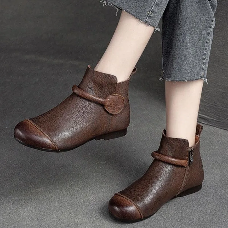 Soft Leather Retro Style Women's Boots Side Zipper Flat Round Head Simple Dr Martens Boots
