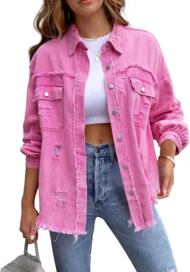 SOMTHRON Women's Oversized Denim Jacket Frayed Hem Button Up Jean Shirt Shacket Ripped Distressed Boyfriend Coat